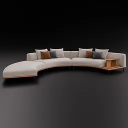 Highly detailed Blender 3D curved modular sofa model with customizable fabric texture and wooden elements for interior design.