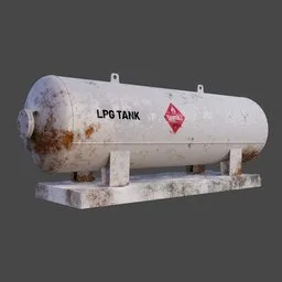 "Industrial LPG storage tank 3D model for Blender 3D, including hazmat signage in red and white. High-polygon model with a rusted metal shader texture. Realistic representation of a gas station component, inspired by Leonard Long's design."