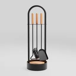Detailed 3D rendering of modern fireplace toolset, includes shovel, brush, poker, tongs.