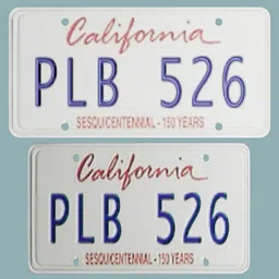 3D modeled California license plate PLB 526 for car and truck models in Blender, low resolution texture.