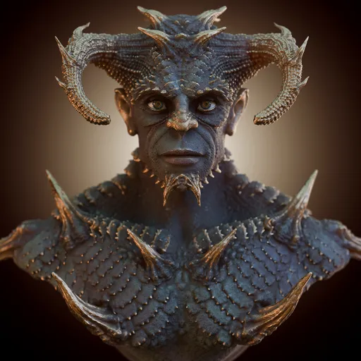 Highly-detailed 3D model of horned, scaly creature bust with preserved sculpt layers for customization in Blender 3D.