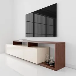 Modern 3D-rendered Blender model of a sleek TV unit with shelving and decor items.
