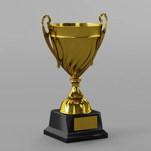 Detailed 3D-rendered golden trophy with customizable plaque for Blender modeling and art visualization.