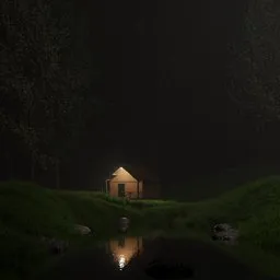 Mysterious Forest Cabin at Night