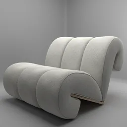 "Wool Curvy Lounge Chair - Photorealistic 3D Model for Blender 3D, inspired by Gustave Van de Woestijne. Featuring a curved back, wooden base, and sleek lines, this comfortable lounge chair is made of wool and rendered with exquisite detail. Created by Cedric Seaut (Keos Masons) using Blender 3D software."