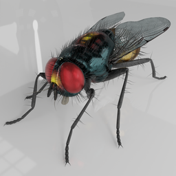 Highly detailed rigged 3D model of a housefly with red eyes and realistic textures, compatible with Blender.