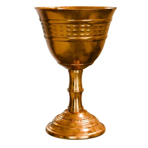 Detailed 3D rendering of an antique ceremonial copper chalice, compatible with Blender for interior design.