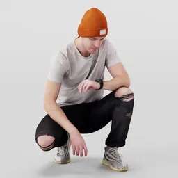 A guy squatting checks the time