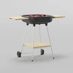 "Compact barbecue with wheels - Blender 3D model of outdoor furniture. This 3D model features a centered full-body shot of a product design render inspired by Knud Agger. It showcases a gunmetal grey table with a grill, hot dogs, and embers, providing a stylistic blur effect for a visually appealing presentation."