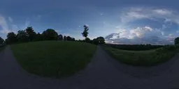 360-degree panoramic HDR of a tranquil hillside at dusk for realistic scene lighting.