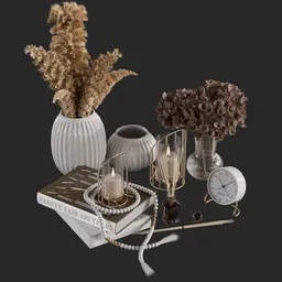 Detailed 3D decor set with vases, books, clock, and lamp rendered in Blender Cycles, optimized for realism.
