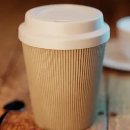 "A realistic 3D model of a cardboard coffee cup and spoon rendered in Blender 3D with depth shading and ray tracing. Perfect for digital designs and animations in the drink category."