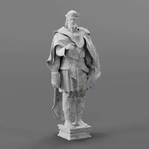 Detailed 3D model depicting a bearded traveler with a cloak and hat, designed for Blender rendering.