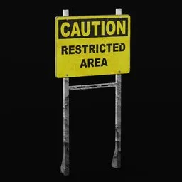 "3D model of a signboard with the text 'Caution Restricted Area' in a totalitarian setting. The signboard is displayed on a metal pole with a squared border, featuring red banners and a background of ruins. Created using Blender 3D software."