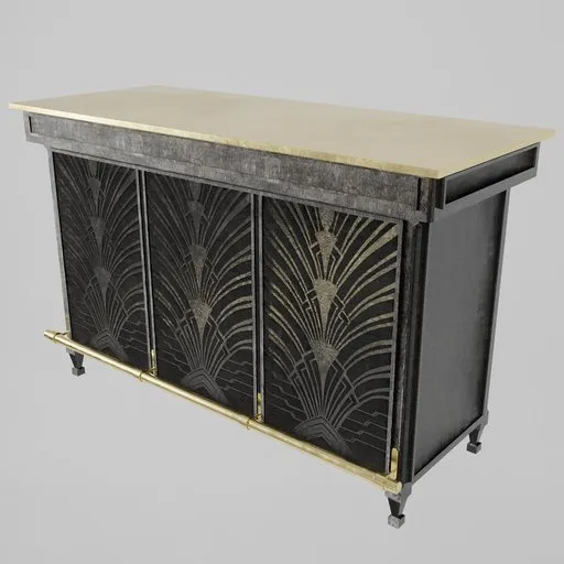Highly detailed Blender 3D model of a black and brass bar cabinet with ornate Art Deco design, ideal for restaurant and bar scenes.