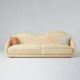 Realistic beige 3D sofa model with pillows for Blender rendering.