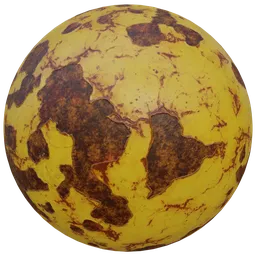 Realistic PBR texture of oxidized metal with flaking yellow paint for 3D models in Blender.