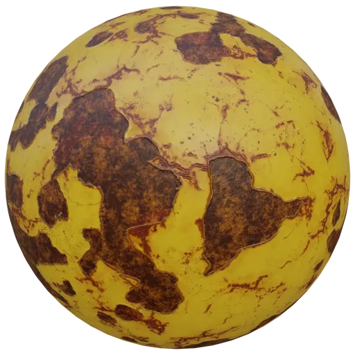 Realistic PBR texture of oxidized metal with flaking yellow paint for 3D models in Blender.