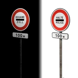 Detailed Blender 3D model of a reflective French halt road sign, editable text, ideal for nighttime urban renderings.