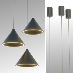 "Set of three black ceiling light lamps rendered in studio octane with a triangular arrangement, featuring a mirror background. These lamps are designed with a sleek modern aesthetic, providing excellent lighting. Perfect for 3D modeling in Blender 3D software."