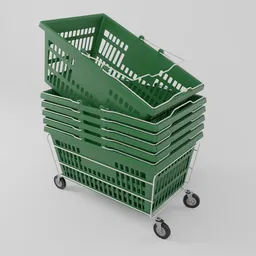 Detailed green PVC supermarket baskets on a cart, 3D model suitable for Blender, retail-themed graphics.