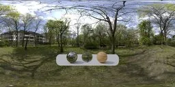 Sady Zoliborskie park scene HDR for 3D lighting with trees and modern architecture, high-res 16k unclipped.