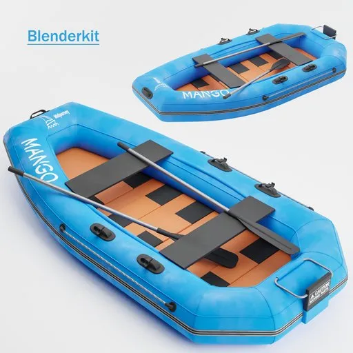 Detailed low-poly blue inflatable boat 3D model with wooden floor, rendered in Blender Cycles.
