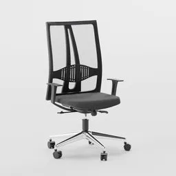 Detailed 3D model of a modern ergonomic meshback office chair with armrests and casters, compatible with Blender.