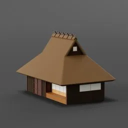 "Thatched house: A detailed 3D model in Blender 3D showcasing an old Japanese house with a snow-resistant thatched roof. This model features sharp angular features, a window, and a dark building, perfect for creating a realistic village scene or avatar environment in your Blender projects."