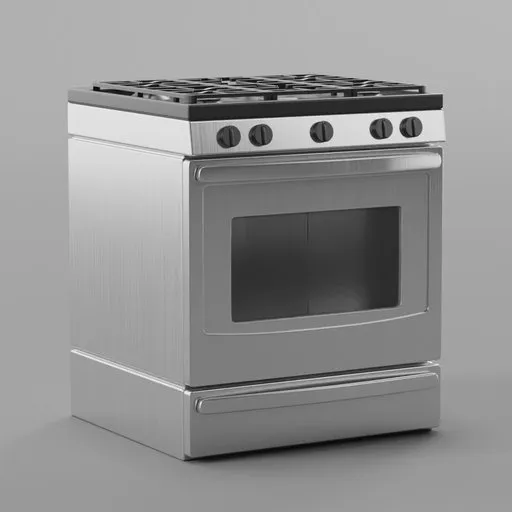 Detailed Blender 3D model of a metallic stove with oven, featuring five control knobs and a sleek design.