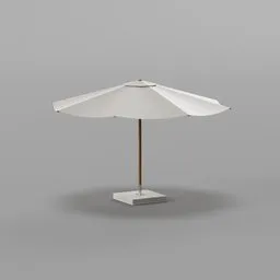 "Beach umbrella with white fabric and wooden frame, perfect for outdoor furniture in Blender 3D. This 3D model combines mid-century modern design with sharp focus, making it an ideal addition to any outdoor scene. Created using BlenderKit and suitable for a variety of rendering techniques."