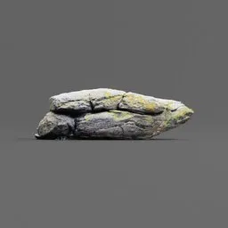 "Rock face fissured 3D model for Blender 3D: A textured rock wall with moss, lichen, and detailed fissures. Perfect for creating realistic environmental elements in game design and 3D rendering. Scan inspired by Vija Celmins' artwork, featuring a sleek dragon head and grassy stones."