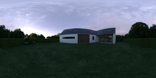 12K panoramic HDR of a serene garden with house, green lawn, trimmed hedges, and purple flowers at sunrise.