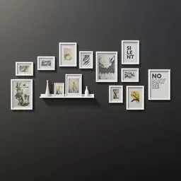 "Blender 3D model - Abstract art pictures in frames and small shelf. Bauhaus style with black and white artwork, featuring a portrait of Homelander. High-resolution 8K Octane advertising photo with white borders and no text."
