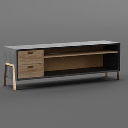 "Modern TV cabinet with wooden and black finish, featuring a shelf and steel gray body. 3D model designed for Blender by Marten Post. Perfect for contemporary interior visualizations."