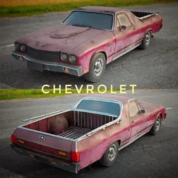 Realistic Blender 3D model of vintage Chevrolet El Camino SS, detailed engine, rusty texture, available in multiple resolutions.