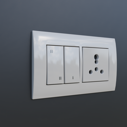 "Modular Switchboard with Interchangeable Buttons for Blender 3D - White Light Switch on Blue Wall by Bholekar Srihari and Giorgio, Detailed and Realistic Illustration with Connectors and Switches for Wall Light Category."