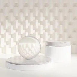 3D modeled aesthetic indoor scene with geometric wall pattern and display podiums for product visualization.