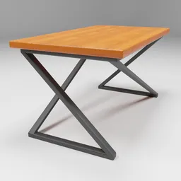 "High-end iron and wood dining and coffee table 3D model, perfect for Blender 3D projects. Photorealistic design features a metal base and wooden top with an angular, asymmetrical and retro 3D constructivism style. Tall and thin frame adds a touch of elegance to any setting."