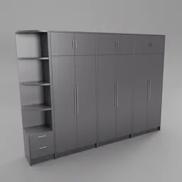 Detailed Blender 3D model showing a spacious, modern gray wardrobe with multiple compartments and drawers.
