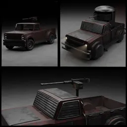 3D Blender modeled versatile war pickup truck with dual modes, armored and unarmored, featuring a Browning M2 gun.