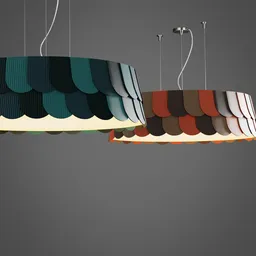"Modern design Roofer Pendant Lamp, inspired by Sonia Delaunay-Terk and Carl-Henning Pedersen. Three lamps hanging from a ceiling with a gray background, featuring beautiful volumetric light, fins, and fish scales. Detailed product image with offshore winds, high coloration, and a mint highlights, teal and orange color scheme - perfect 3D model for Blender 3D enthusiasts."