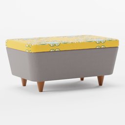 "Venni Fabric Ottoman in Walnut 3D model for Blender 3D. This upholstered bench features a yellow and gray cushion with rounded corners and small legs. Perfect for adding a stylish touch to your sofa table set. Accessories shown in the image are for representation only and not part of the product."