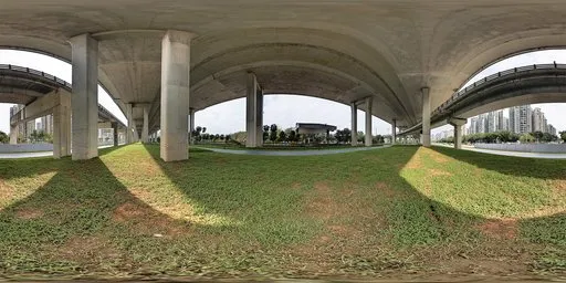 360-degree HDR image featuring lush grass under viaducts with surrounding buildings, suitable for realistic lighting in 3D scenes.