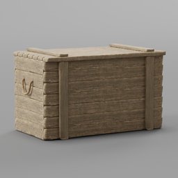 "Medieval box with lid for Blender 3D: A detailed 3D model featuring a wooden box with a handle, ideal for enhancing your medieval scenes. This military storage crate, with accurate skin textures and a sand texture, is perfect for decorating and adding authenticity to your 3D projects."