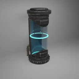 "3D model of a futuristic human incubator vat capsule in a sci-fi setting. The black and blue glass container with a glowing light inside creates a hard surface concept art. This Blender 3D asset pack features a brown and cyan color scheme, along with blue-grey gears and petrol energy."