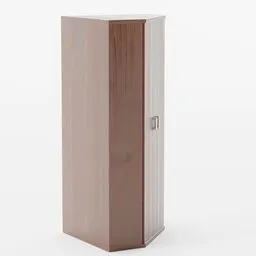 "Empty corner wardrobe - a detailed 3D model for Blender 3D. This tall wooden cabinet with a side door is an ideal solution for rooms with limited space. Enhance your 3D rendering projects with this light grey crown corner wardrobe in an aspect ratio of 16:9."