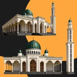 Detailed 3D mosque design with dome and minaret, rendered in Blender, suitable for public architecture visualization.