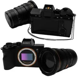 "High-quality 3D model of a black metallic Sony camera with attached lens, suitable for photography projects in Blender 3D. This disassembled camera model showcases detailed diagrams and is based on the trending Sony a7r - design. Created in Blender 3D by Constant Permeke, with a high-quality topical render for optimal visual appeal."