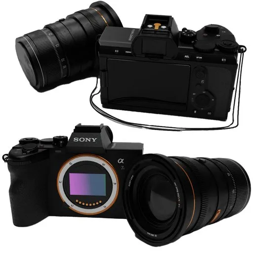 High-quality 3D rendering of a black DSLR camera model with zoom lens, optimized for Blender.